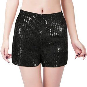 Glitter Womens Solid Sequin High Waist Elastic Black Shorts ERAS Tour Outfit New